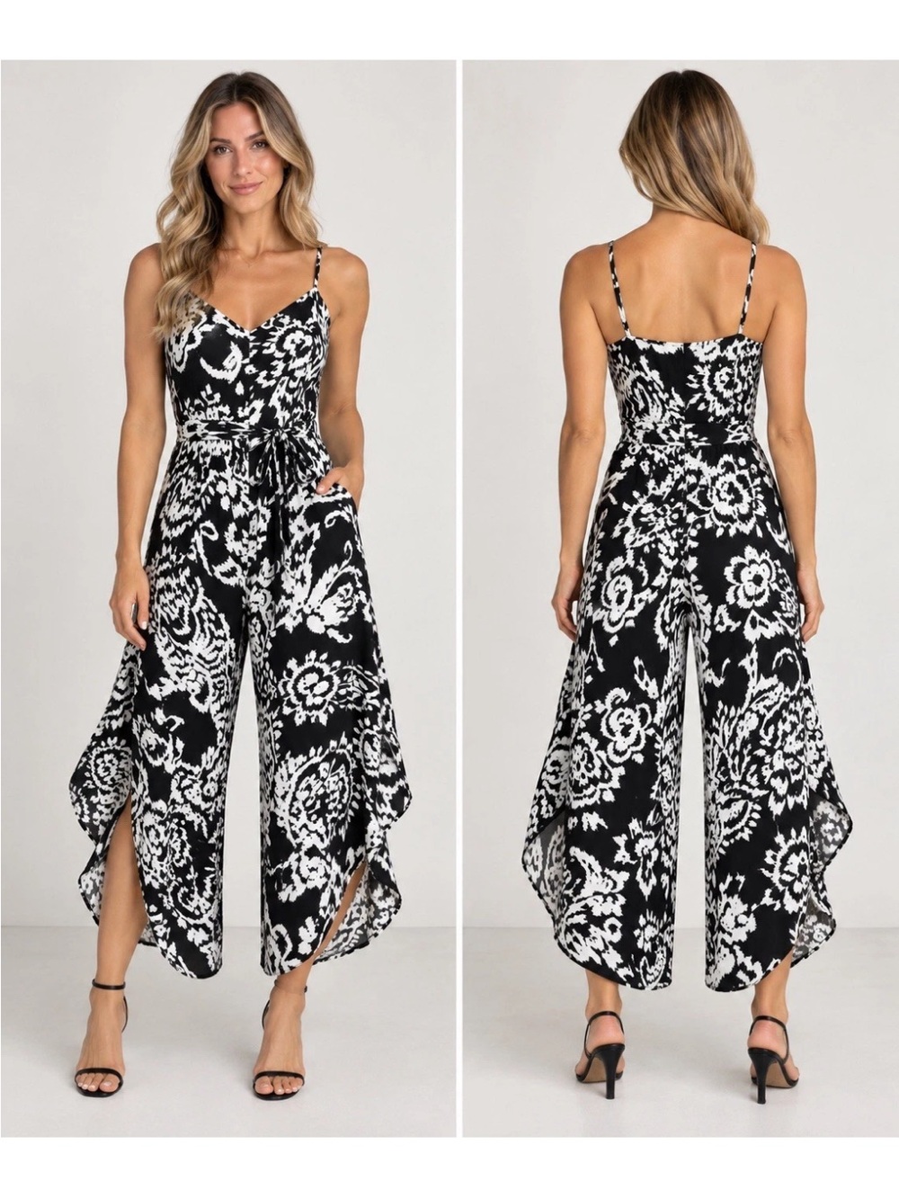 1.STATE Floral Jumpsuit Women S Wide Leg Boho Handkerchief Hem Rayon Tie Waist